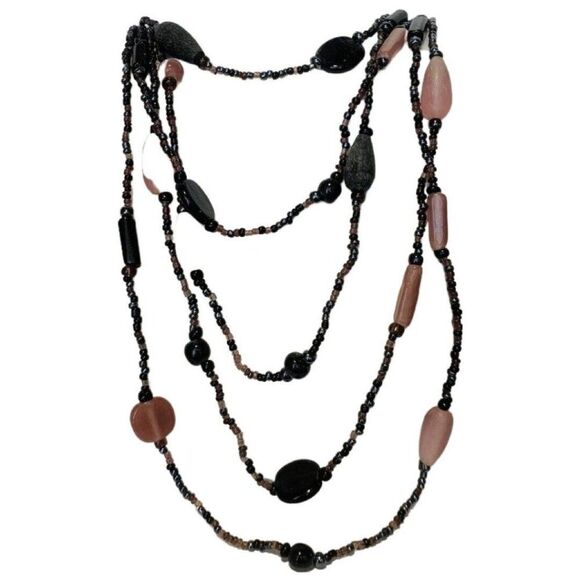 Vintage Pink Black multi 5 Tier Chic Beaded Silver Tone Layered Necklace 24” - Picture 10 of 10